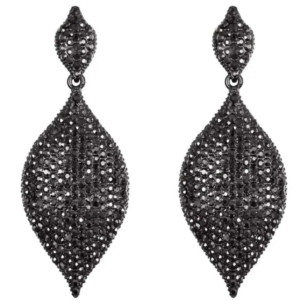 Gun Metal with Black Onyx Austrian Crystal Rhombus Leaf Chandelier Post Earrings